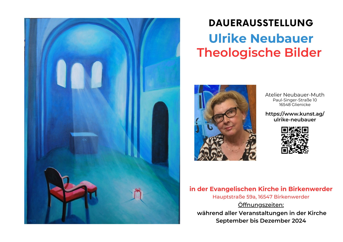 Dauerausstellung Ulrike Neubauer mit Theologischen Bilder in der Kirche von Birkenwerder bis Ende Dezember 2024