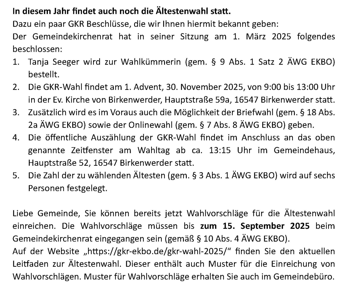 Informationen zur GKR-Wahl der KG Birkenwerder
