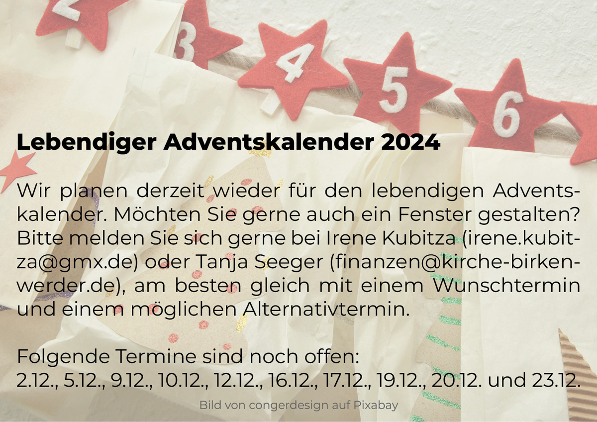 Herzliche Einladung zum Mitmachen beim diesjährigen Lebendigen Adventskalender 2024 der Kirchengemeinde Birkenwerder!